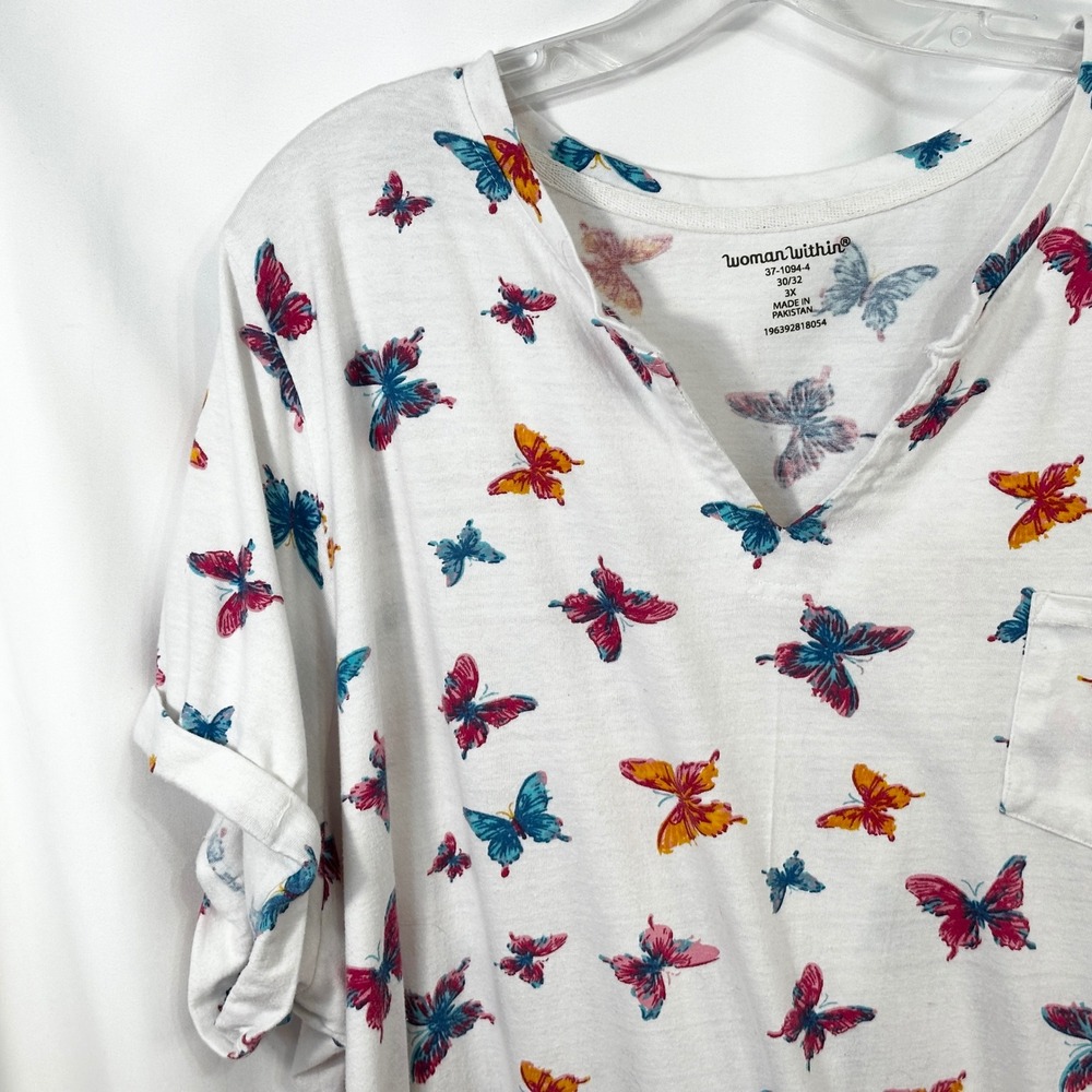 Woman Within Plus Size 30/32 Top 3X Butterfly Print‎ V-Neck Short Sleeve Tee 707 - Picture 3 of 8